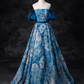 Elegant Blue Floral Satin Sweet 16 Quinceanera A-Line Off-the-shoulder Evening Dress Floor Length Ball Gown DP6922