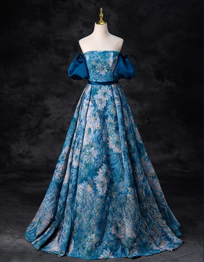 Elegant Blue Floral Satin Sweet 16 Quinceanera A-Line Off-the-shoulder Evening Dress Floor Length Ball Gown DP6922
