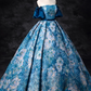 Elegant Blue Floral Satin Sweet 16 Quinceanera A-Line Off-the-shoulder Evening Dress Floor Length Ball Gown DP6922