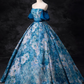 Elegant Blue Floral Satin Sweet 16 Quinceanera A-Line Off-the-shoulder Evening Dress Floor Length Ball Gown DP6922
