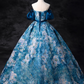 Elegant Blue Floral Satin Sweet 16 Quinceanera A-Line Off-the-shoulder Evening Dress Floor Length Ball Gown DP6922