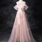 Vintage Pink Tulle Prom Dress A-Line Butterflies Evening Gown Off-the-shoulder Party Dress Long Formal Dress DP6923