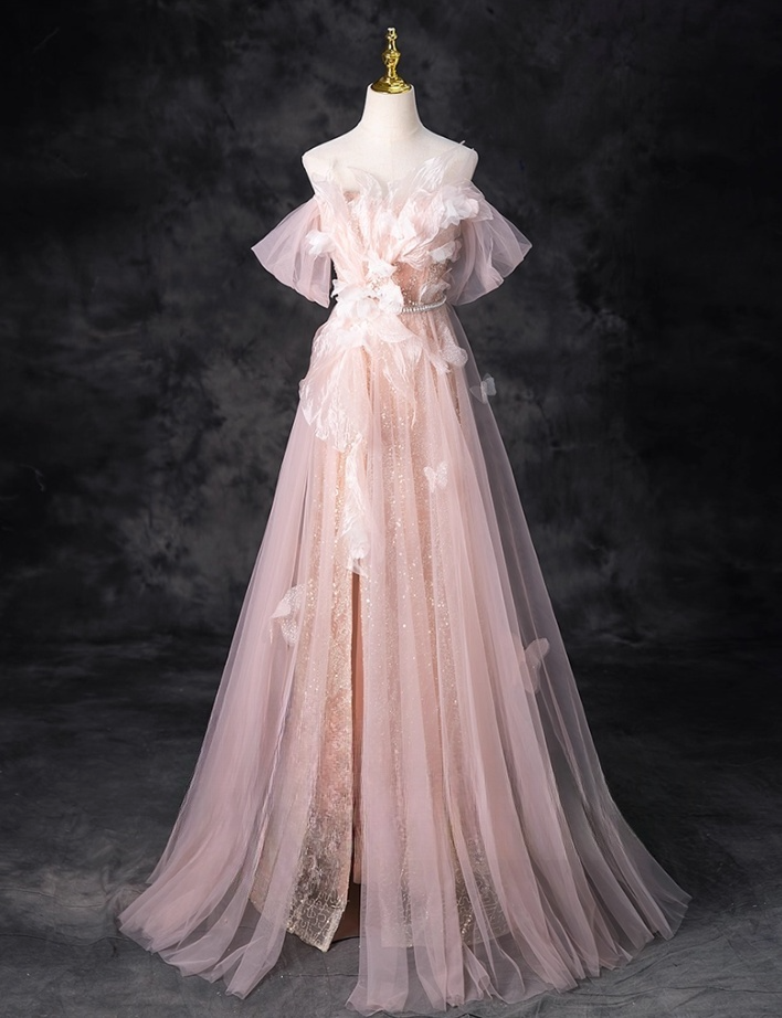 Vintage Pink Tulle Prom Dress A-Line Butterflies Evening Gown Off-the-shoulder Party Dress Long Formal Dress DP6923