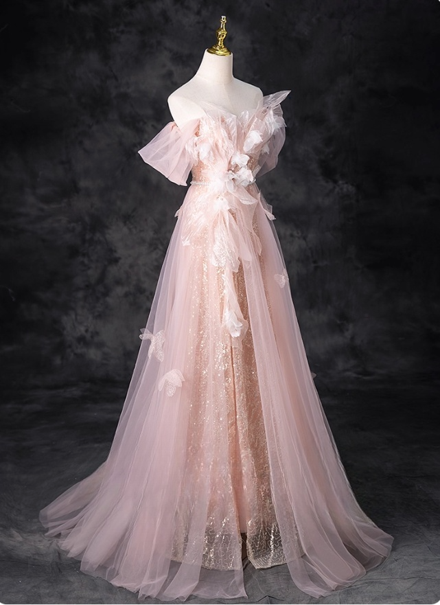 Vintage Pink Tulle Prom Dress A-Line Butterflies Evening Gown Off-the-shoulder Party Dress Long Formal Dress DP6923