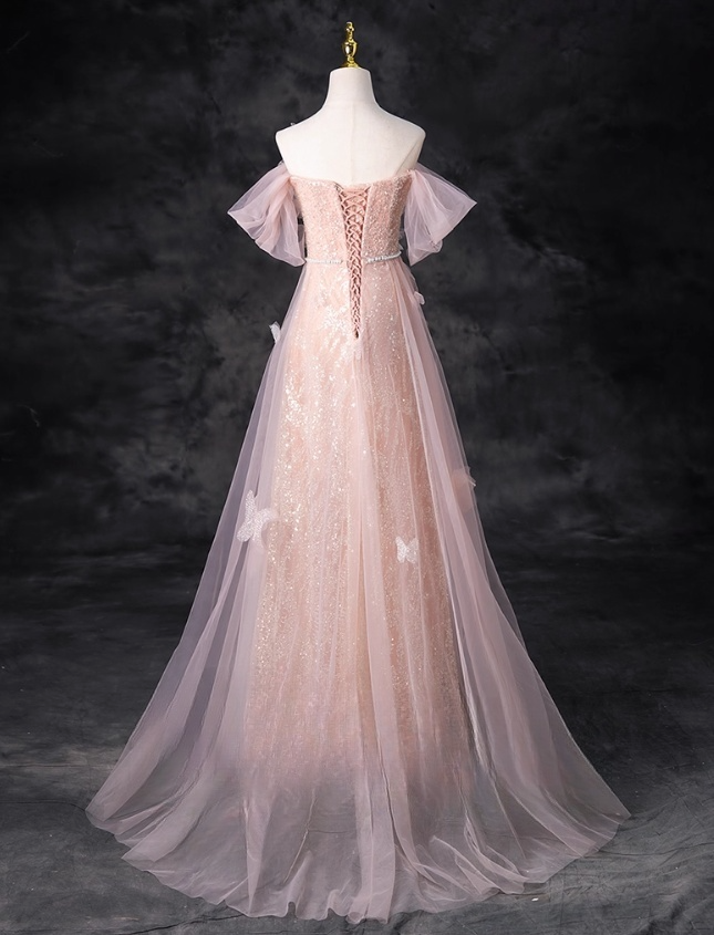 Vintage Pink Tulle Prom Dress A-Line Butterflies Evening Gown Off-the-shoulder Party Dress Long Formal Dress DP6923