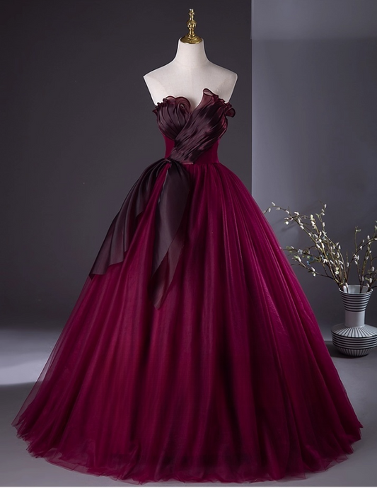 Chic Burgundy Tulle Prom Dress A-Line Evening Gown Strapless Party Dress Long Formal Dress DP6924