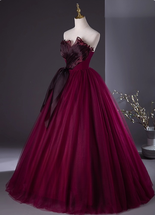 Chic Burgundy Tulle Prom Dress A-Line Evening Gown Strapless Party Dress Long Formal Dress DP6924