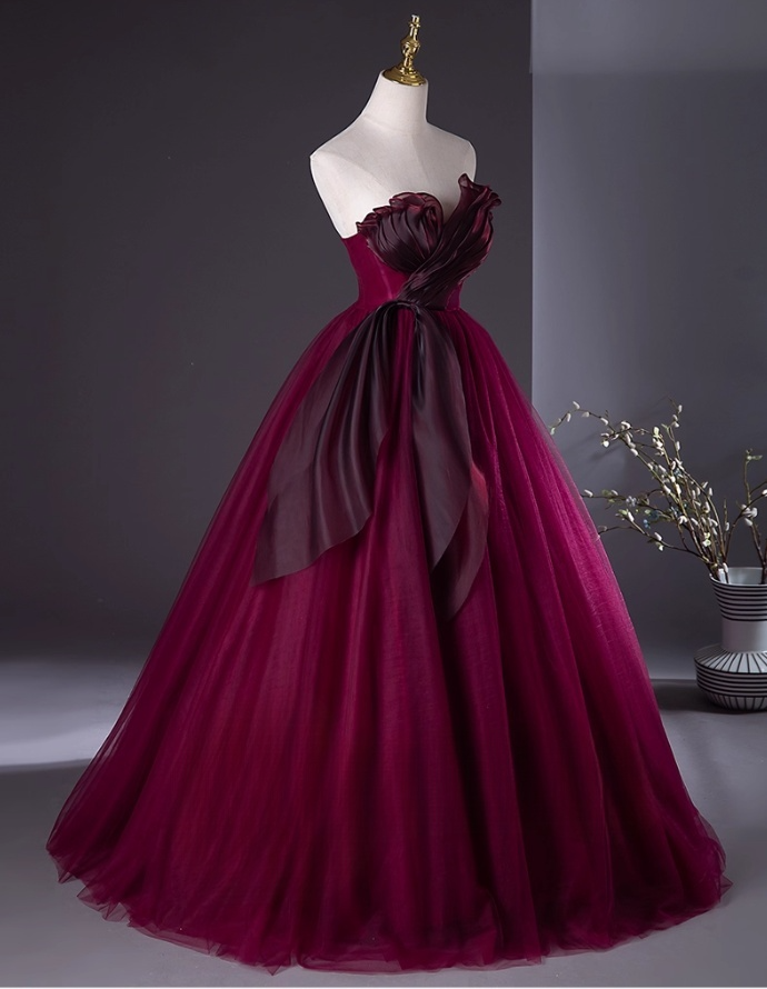 Chic Burgundy Tulle Prom Dress A-Line Evening Gown Strapless Party Dress Long Formal Dress DP6924