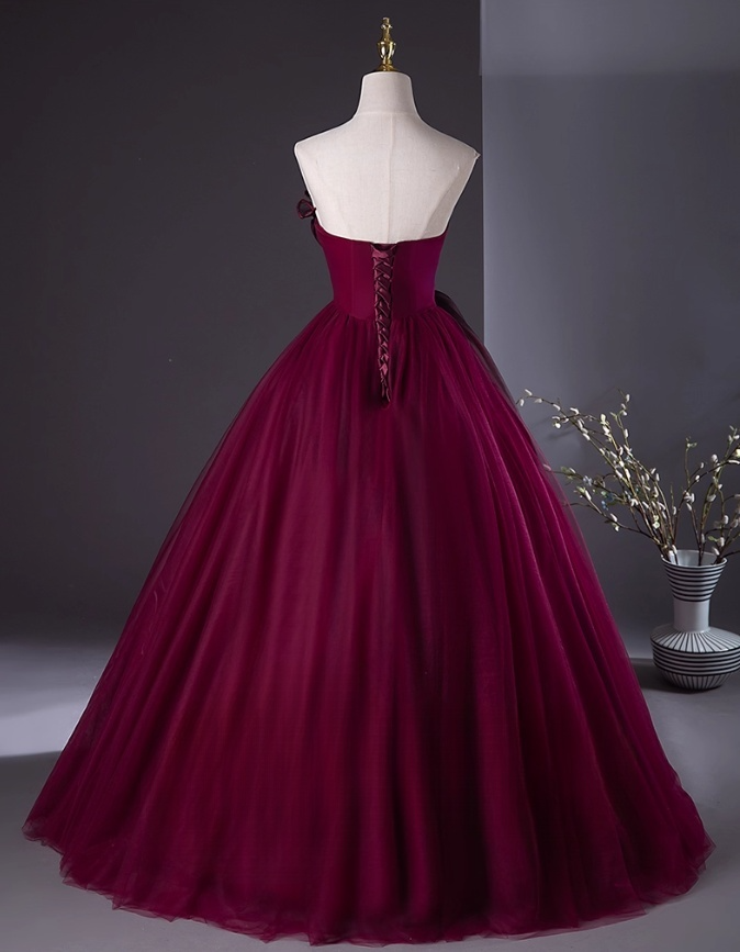 Chic Burgundy Tulle Prom Dress A-Line Evening Gown Strapless Party Dress Long Formal Dress DP6924