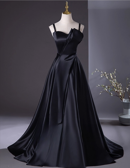 Elegant Black Satin Prom Dress A-Line Evening Gown Spaghetti Strap Party Dress Long Formal Dress DP6925
