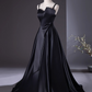 Elegant Black Satin Prom Dress A-Line Evening Gown Spaghetti Strap Party Dress Long Formal Dress DP6925