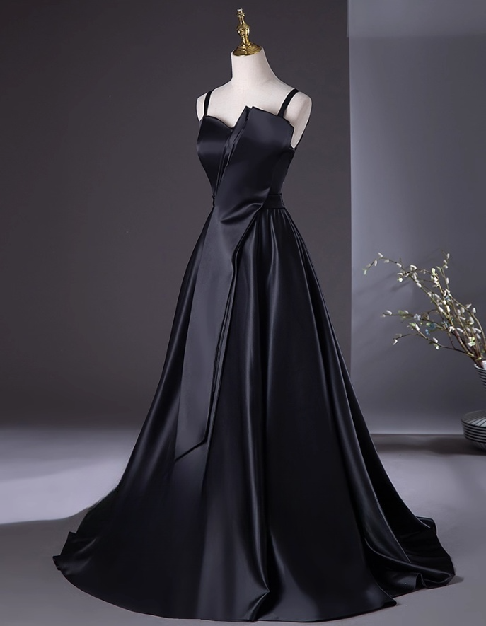 Elegant Black Satin Prom Dress A-Line Evening Gown Spaghetti Strap Party Dress Long Formal Dress DP6925