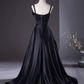 Elegant Black Satin Prom Dress A-Line Evening Gown Spaghetti Strap Party Dress Long Formal Dress DP6925