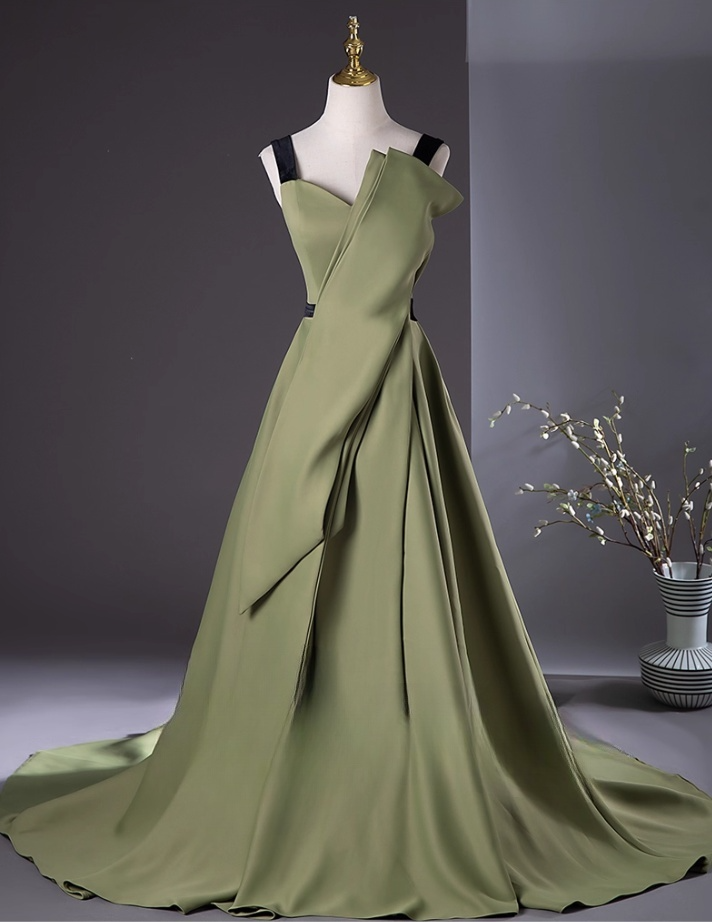 Elegant Olive Green Satin Prom Dress A-Line Evening Gown Strap Party Dress Long Formal Dress DP6926