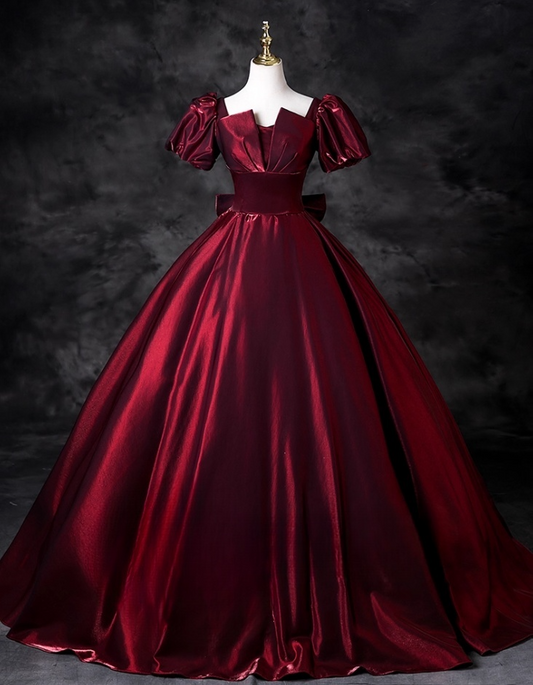 Elegant Burgundy Satin Sweet 16 Quinceanera A-Line Puffy Short-sleeved Evening Dress Floor Length Ball Gown DP6927