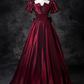 Elegant Burgundy Satin Sweet 16 Quinceanera A-Line Puffy Short-sleeved Evening Dress Floor Length Ball Gown DP6927