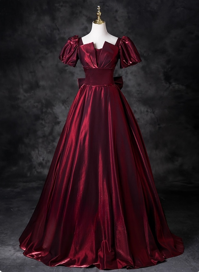 Elegant Burgundy Satin Sweet 16 Quinceanera A-Line Puffy Short-sleeved Evening Dress Floor Length Ball Gown DP6927
