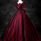 Elegant Burgundy Satin Sweet 16 Quinceanera A-Line Puffy Short-sleeved Evening Dress Floor Length Ball Gown DP6927