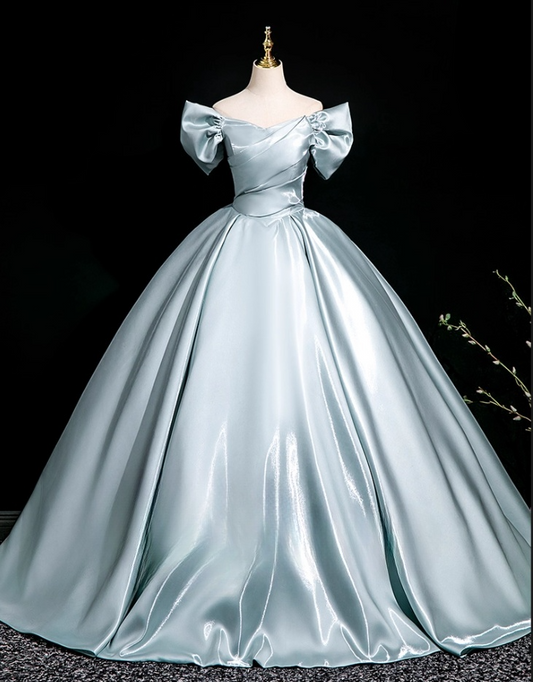 Elegant Sky Blue Satin Sweet 16 Quinceanera A-Line Off-the-shoulder Evening Dress Floor Length Ball Gown DP6928