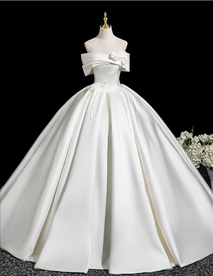 Elegant White Satin 3D Flowers Sweet 16 Quinceanera A-Line Off-the-shoulder Evening Dress Floor Length Ball Gown DP6929
