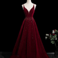 Elegant Burgundy Sequin Tulle Prom Dress A-Line V-neck Evening Gown Spaghetti Strap Shawl Party Dress Long Formal Dress DP6930