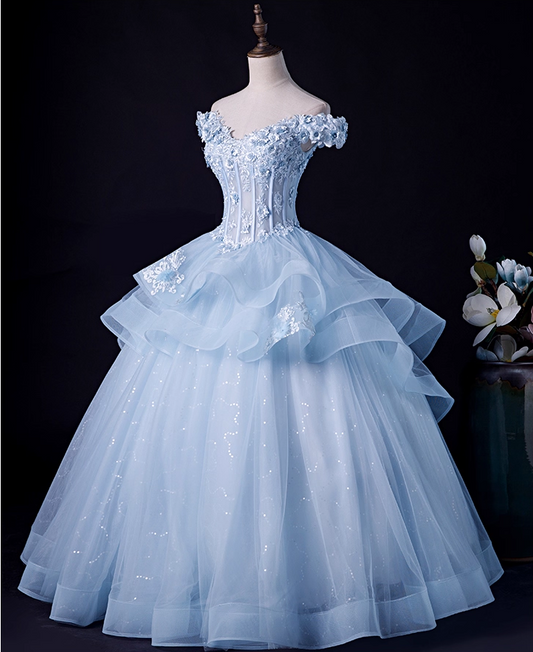 Chic Sky Blue Applique Prom Dress A-Line Ball Gown Off-the-shoulder Party Dress Long Formal Dress DP6933