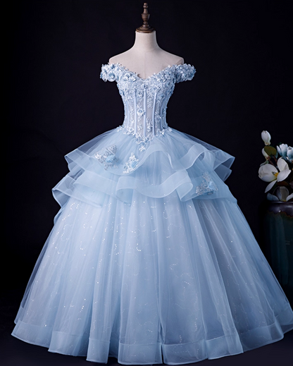 Chic Sky Blue Applique Prom Dress A-Line Ball Gown Off-the-shoulder Party Dress Long Formal Dress DP6933