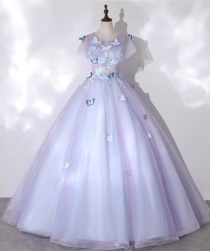 Chic Lilac 3D Butterflies Applique Prom Dress A-Line Evening Gown Short-sleeved Party Dress Tulle Long Formal Dress DP6934