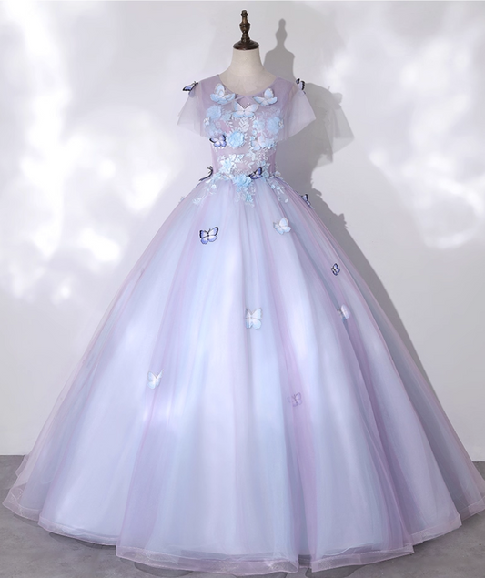 Chic Lilac 3D Butterflies Applique Prom Dress A-Line Evening Gown Short-sleeved Party Dress Tulle Long Formal Dress DP6934