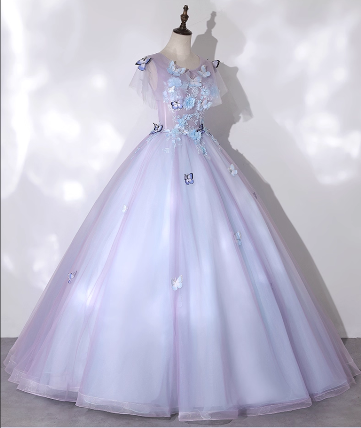 Chic Lilac 3D Butterflies Applique Prom Dress A-Line Evening Gown Short-sleeved Party Dress Tulle Long Formal Dress DP6934