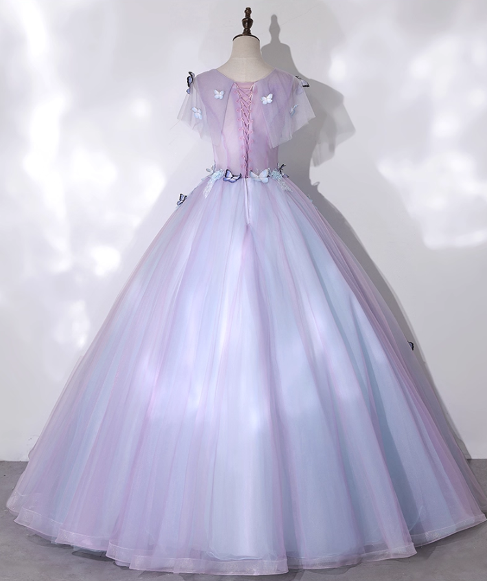 Chic Lilac 3D Butterflies Applique Prom Dress A-Line Evening Gown Short-sleeved Party Dress Tulle Long Formal Dress DP6934