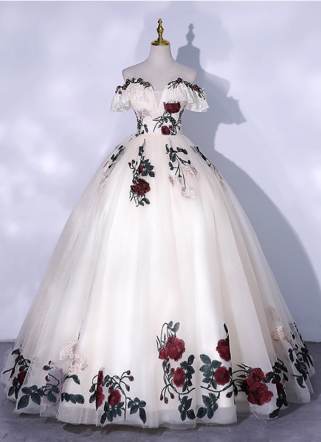 Chic Ivory Floral Applique Prom Dress A-Line Evening Gown Off-the-shoulder Party Dress Tulle Long Formal Dress DP6935