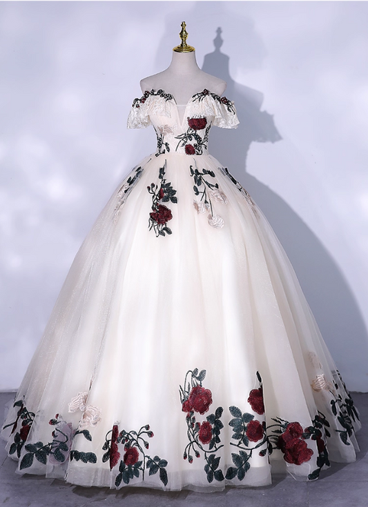 Chic Ivory Floral Applique Prom Dress A-Line Evening Gown Off-the-shoulder Party Dress Tulle Long Formal Dress DP6935