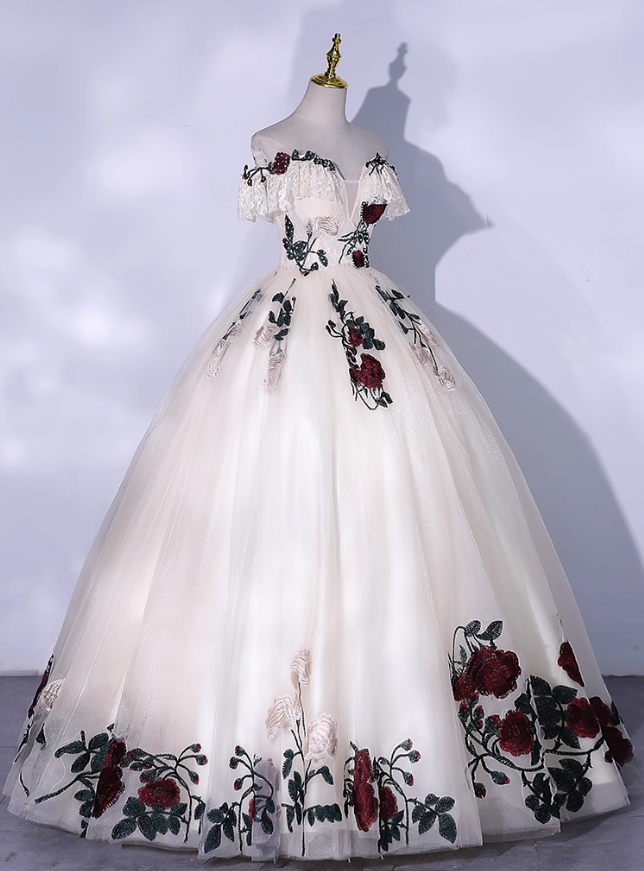 Chic Ivory Floral Applique Prom Dress A-Line Evening Gown Off-the-shoulder Party Dress Tulle Long Formal Dress DP6935