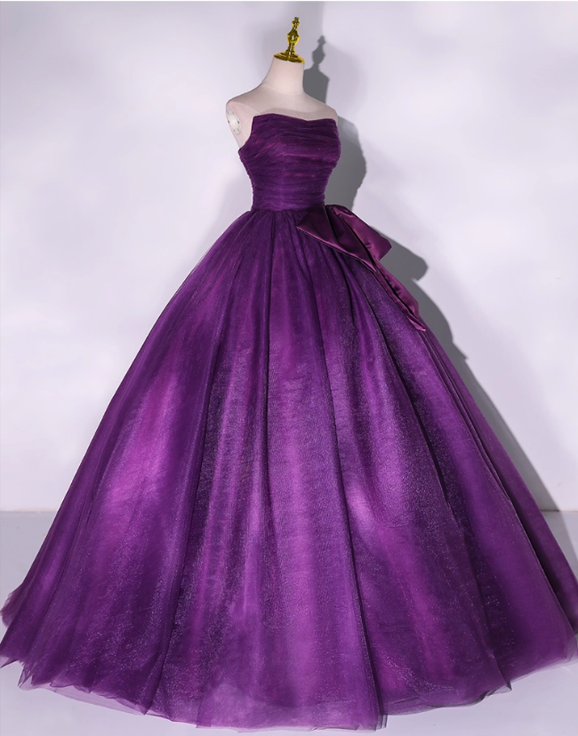 Chic Purple Strapless Prom Dress A-Line Evening Gown Tulle Party Dress Long Formal Dress DP6936