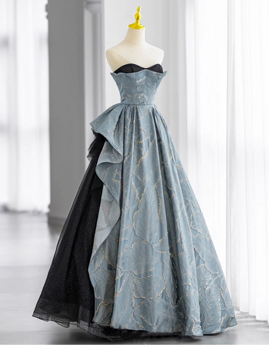 Elegant Sky Blue Retro Print Sweet 16 Quinceanera A-Line Strapless Sweetheart Evening Dress Floor Length Ball Gown DP6938