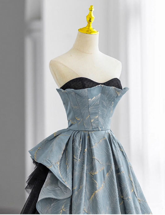 Elegant Sky Blue Retro Print Sweet 16 Quinceanera A-Line Strapless Sweetheart Evening Dress Floor Length Ball Gown DP6938