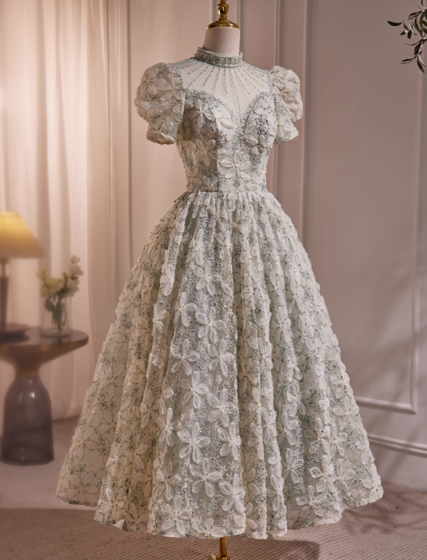 Vintage Applique Prom Dress A-Line Evening Gown Puffy Sleeve Party Dress Tea Length Formal Dress DP6951