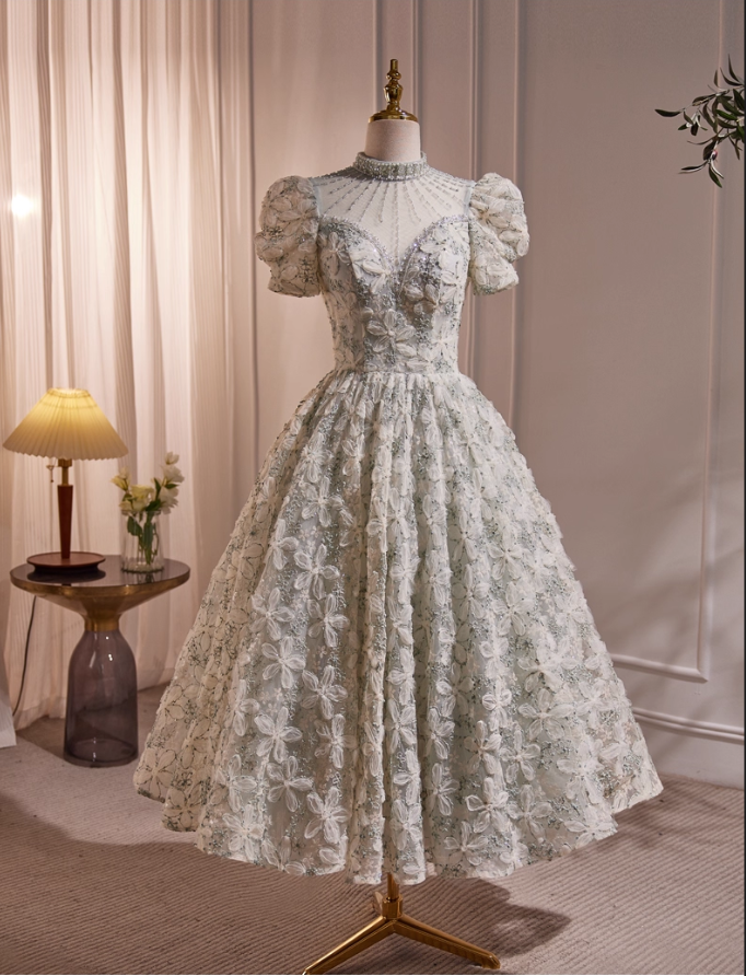 Vintage Applique Prom Dress A-Line Evening Gown Puffy Sleeve Party Dress Tea Length Formal Dress DP6951