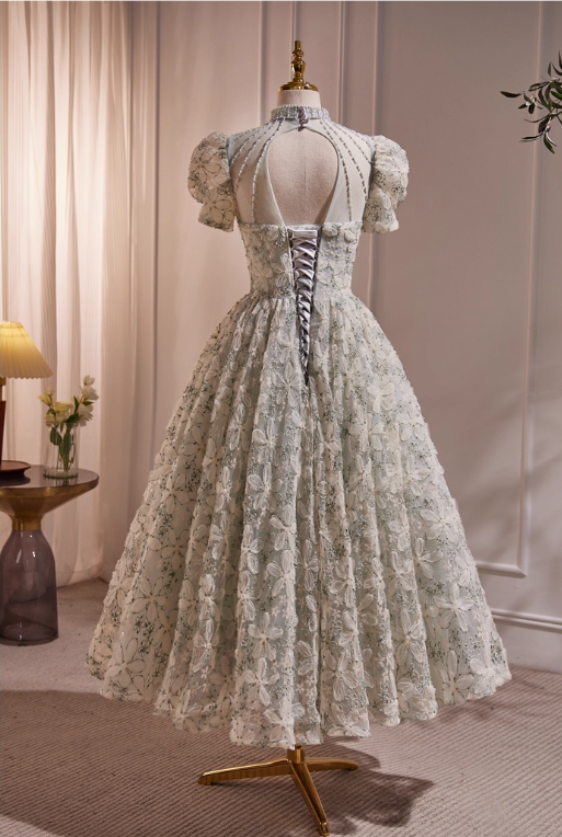 Vintage Applique Prom Dress A-Line Evening Gown Puffy Sleeve Party Dress Tea Length Formal Dress DP6951