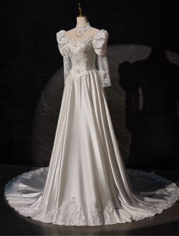 Elegant White Satin Applique Beaded A-Line Long-sleeved Long Wedding Dress DP6952