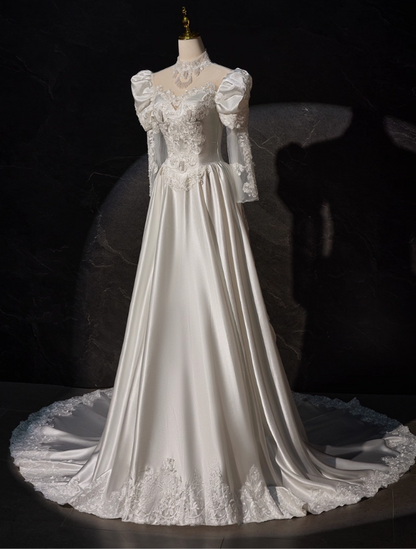 Elegant White Satin Applique Beaded A-Line Long-sleeved Long Wedding Dress DP6952