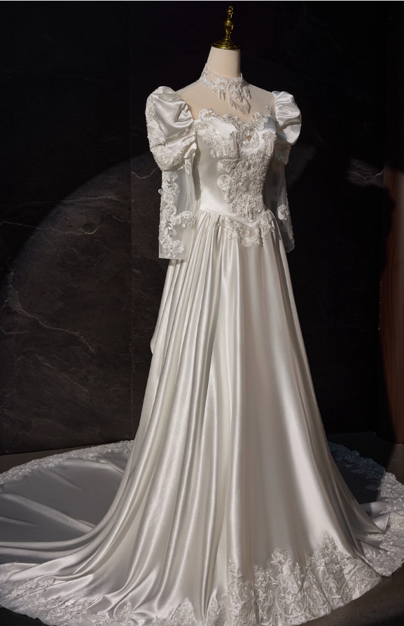 Elegant White Satin Applique Beaded A-Line Long-sleeved Long Wedding Dress DP6952
