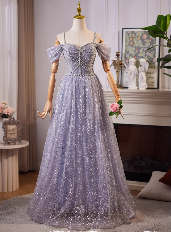 Vintage Haze Blue Sweetheart Sequin Prom Dress A-Line Evening Gown Off-the-shoulder Party Dress Long Formal Dress DP6954