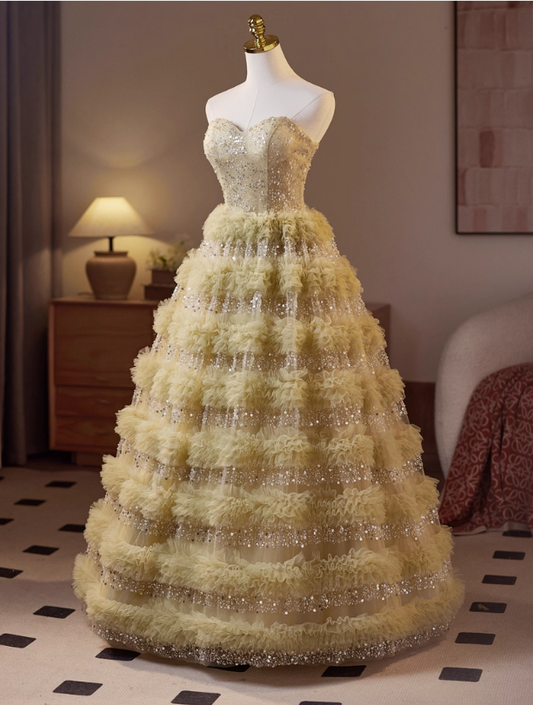 Vintage Light Yellow Sweetheart Sequin Prom Dress A-Line Evening Gown Strapless Party Dress Tiered Long Formal Dress DP6955