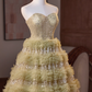 Robe de bal vintage jaune clair à paillettes et décolleté en cœur, robe de soirée trapèze sans bretelles, robe longue à volants, robe de soirée formelle DP6955
