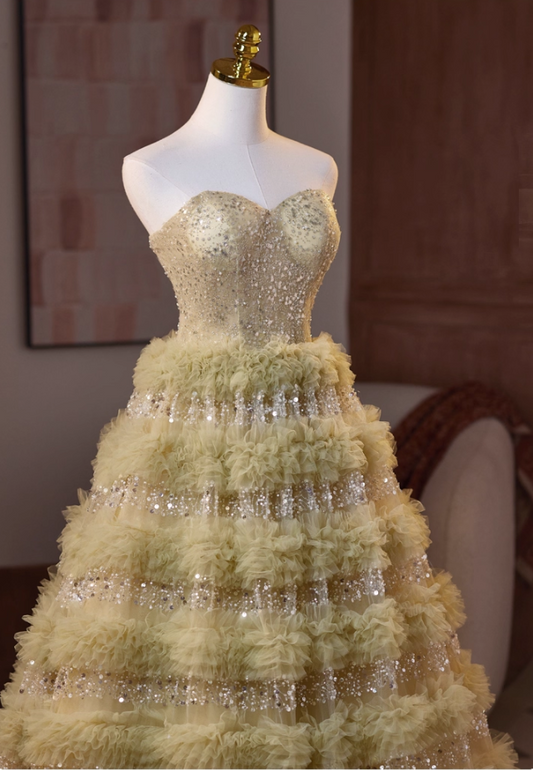 Vintage Light Yellow Sweetheart Sequin Prom Dress A-Line Evening Gown Strapless Party Dress Tiered Long Formal Dress DP6955