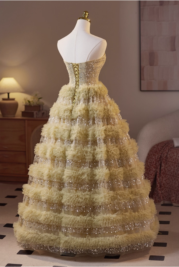 Robe de bal vintage jaune clair à paillettes et décolleté en cœur, robe de soirée trapèze sans bretelles, robe longue à volants, robe de soirée formelle DP6955