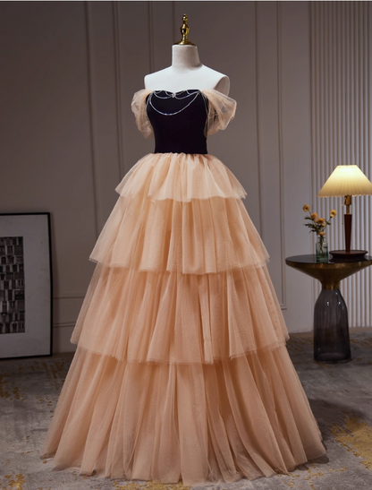 Robe de bal vintage en tulle, décolleté en cœur, coupe trapèze, sans bretelles, épaules dénudées, robe de soirée longue à volants, DP6956