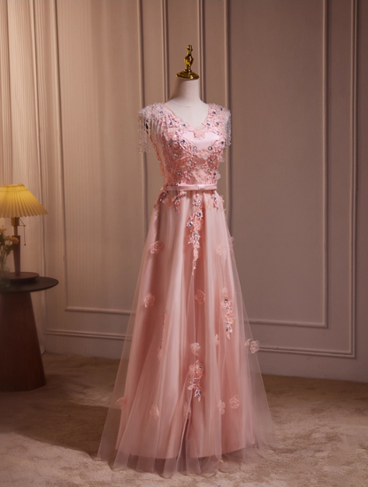 Vintage Pink Applique Beaded Prom Dress A-Line Evening Gown Sleeveless Party Dress Long Formal Dress DP6957